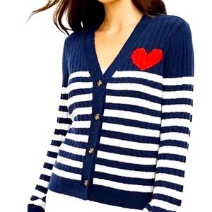 LOFT | Cardigan Sweater | Heart Puff Sleeve Striped V-Neck - Navy - Size Large